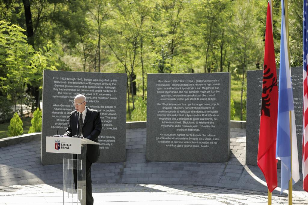 Israeli Ambassador in Albania Noah Gal Gendler speaks during inauguration of Holocaust memorial in Tirana, Albania