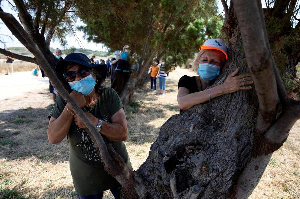 People take part in a campaign by Israel's Nature and Parks Authority calling on Israelis to join sightseeing tours and find comfort in tree hugging amid a spike in the coronavirus disease (COVID-19), in Apollonia National Park, near Herzliya, Israel 