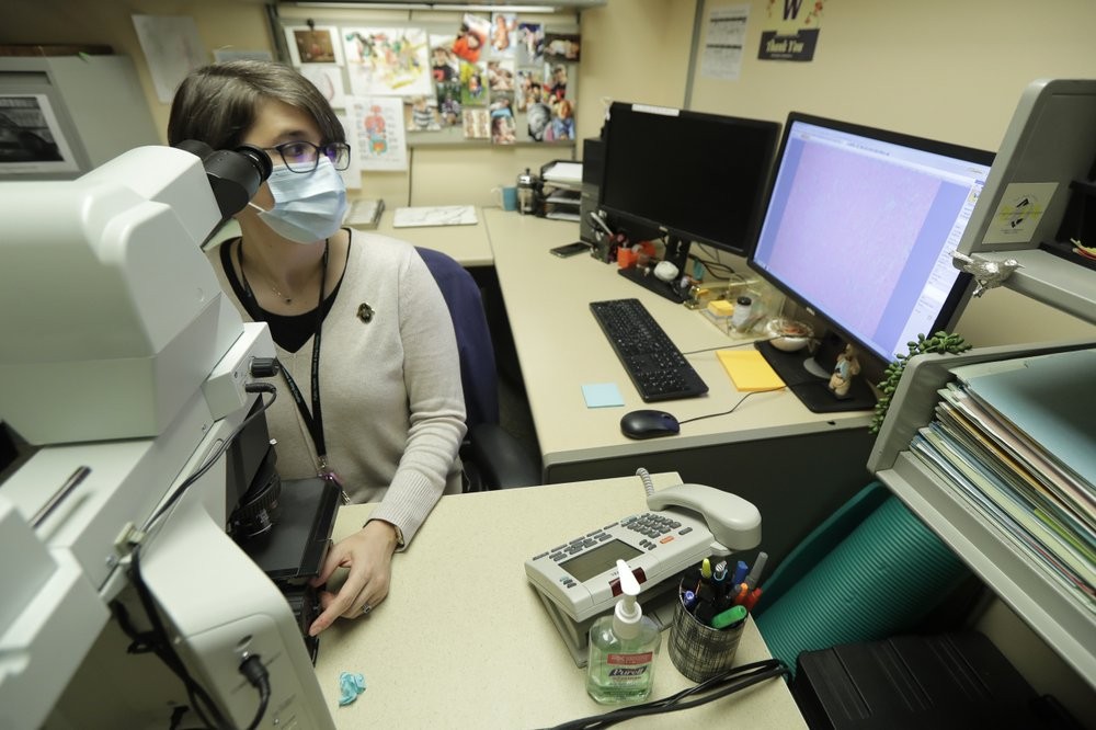 Dr. Desiree Marshall, director of Autopsy and After Death Services for University of Washington Medicine, uses a microscope to examine tissues from a person who died of COVID-19 related complications, as she works in her office 