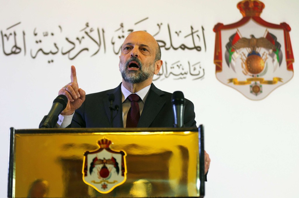 Jordan's Prime Minister Omar al-Razzaz speaks to the media during his news conference in Amman 