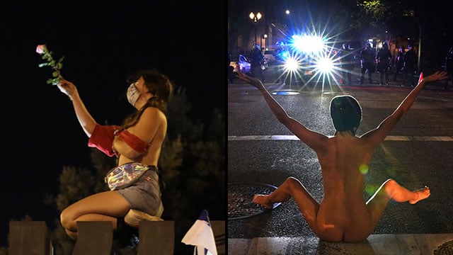 אישה מפגינה ב עירום פסל מנורה ירושלים ו פורטלנד ארצות הברית