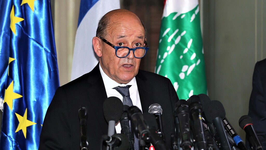 Nassif Hitti Lebanese Minister of Foreign Affairs and Emigrants (R) during a joint press conference with Jean-Yves Le Drian, French Minister of Europe and Foreign Affairs