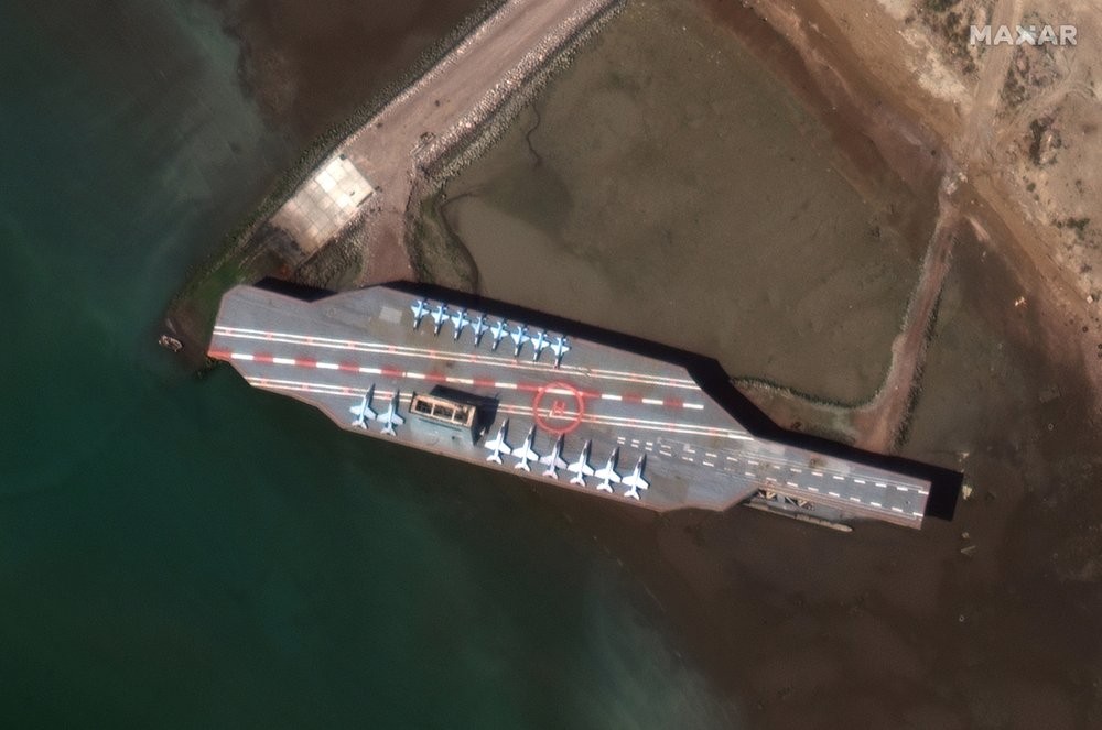 A mockup aircraft carrier built by Iran is seen at Bandar Abbas, before being put to sea 