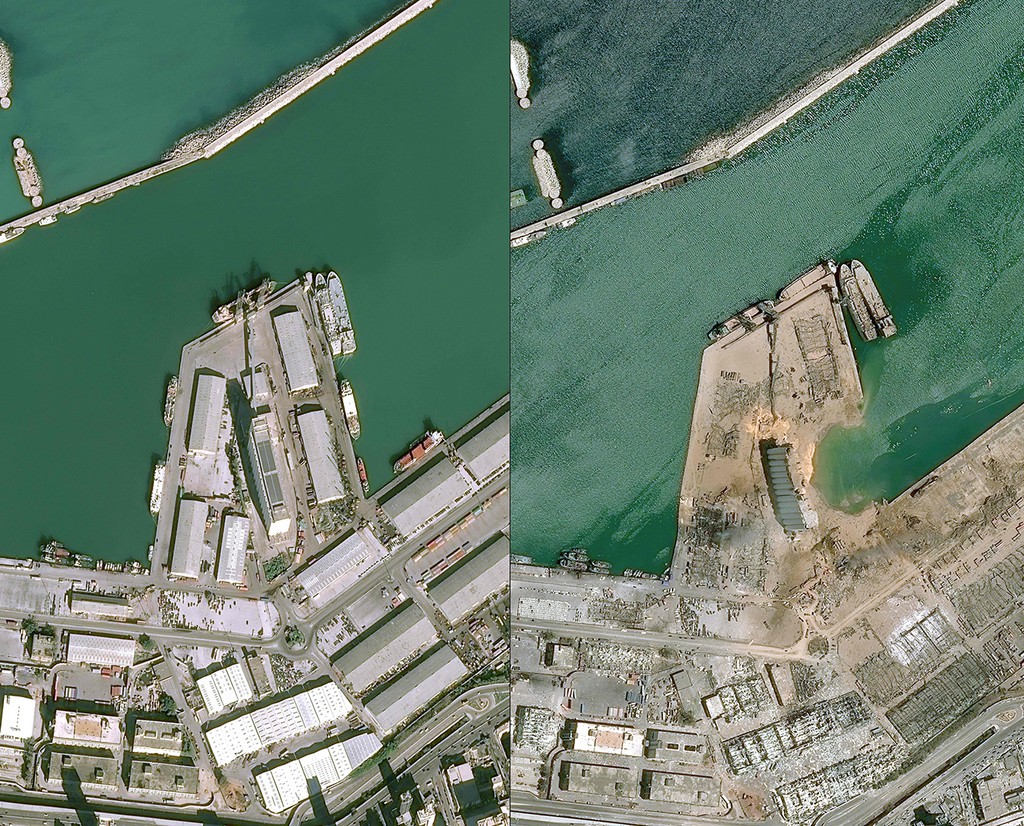 לבנון ביירות פיצוץ נמל תמונות לוויין לפני ו אחרי