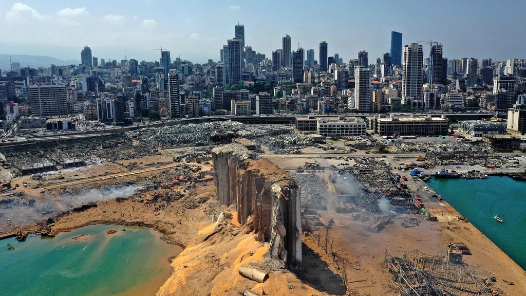 An aerial view shows the massive damage done to Beirut port's grain silos