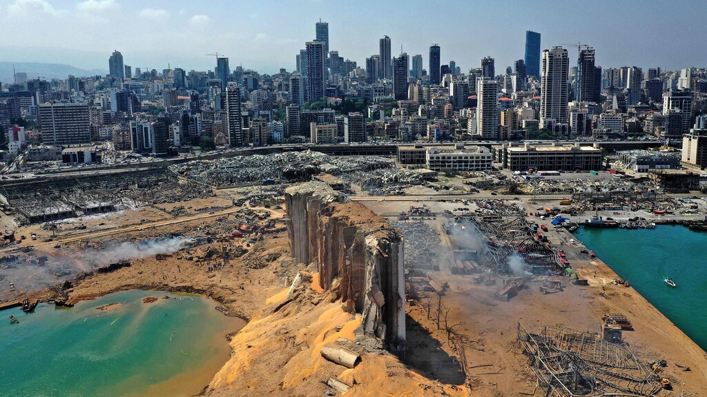 An aerial view shows the massive damage done to Beirut port's grain silos