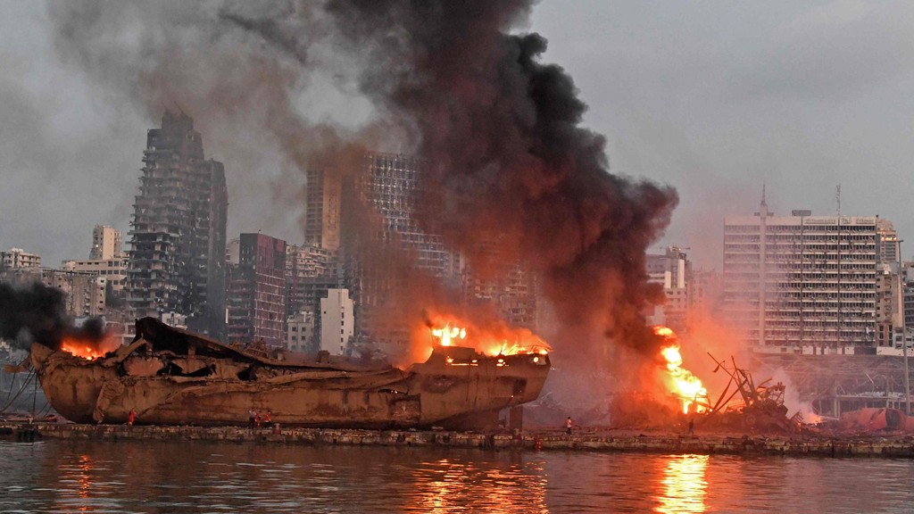  A ship is pictured engulfed in flames at the port of Beirut 