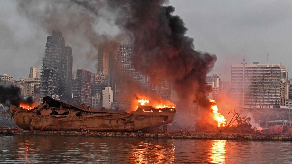  A ship is pictured engulfed in flames at the port of Beirut 
