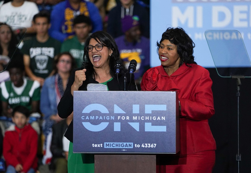 Congressional candidate Rashida Tlaib and Detroit City Council President Brenda Jones speak during the Michigan Get Out The Vote Rally by the Michigan Democratic Party on Friday, October 26, 2018 
