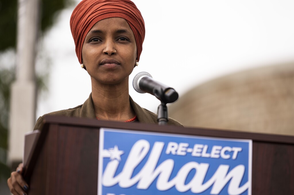 Rep. Ilhan Omar (D-MN) speaks during a press conference outside the DFL Headquarters 