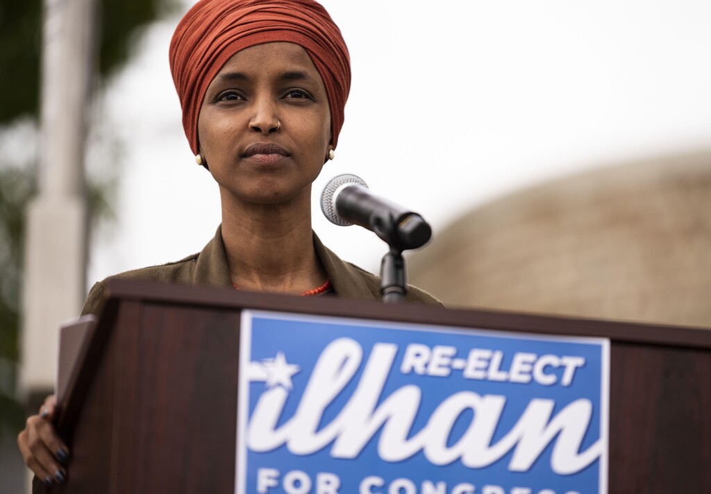 Rep. Ilhan Omar (D-MN) speaks during a press conference outside the DFL Headquarters 