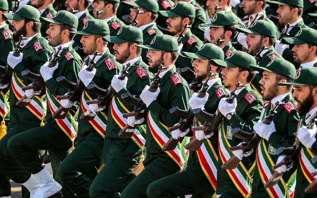 Members of Iran’s Islamic Revolutionary Guard Corps (IRGC) march during the annual military parade marking the anniversary of the outbreak of the devastating 1980-1988 war with Saddam Hussein’s Iraq, in the capital Tehran 