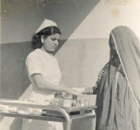 Rosa Katzav in her youth treating a Muslim patient in Bahrain