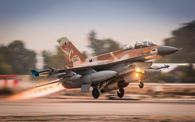 An Israeli F-16 fighter jet en route to an exercise in Germany