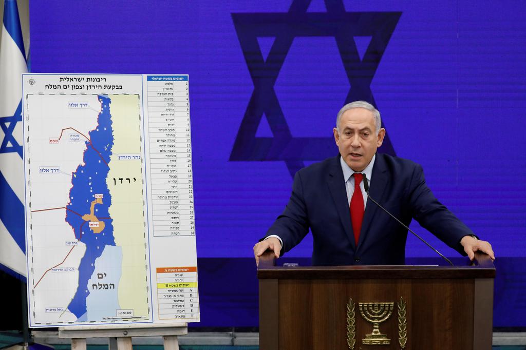 Prime Minister Benjamin Netanyahu in 2019 delivers a statement in Ramat Gan on Israel's intentions to annex the Jordan Valley 