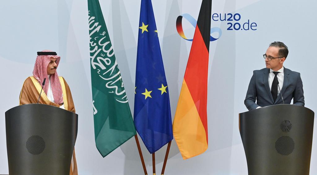 Saudi Foreign Minister Prince Faisal bin Farhan attends a joint press conference with German Foreign Minister Heiko Maas