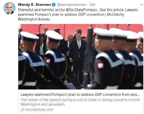 Wendy Sherman on Twitter slamming Pompeo's speach to RNC from Jerusalem 