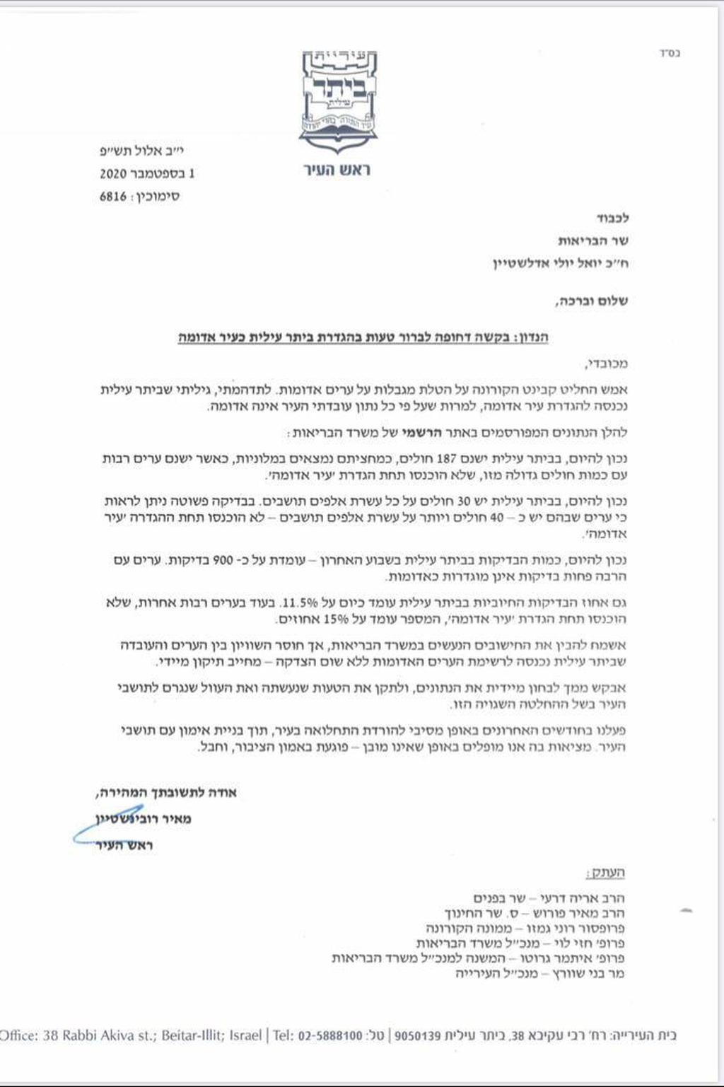 A letter sent by Beitar Illit city council to the Health Ministry, asking them to re-designate the community בקשה דחופה לבירור טעות בהגדרת ביתר עילית כעיר אדומה