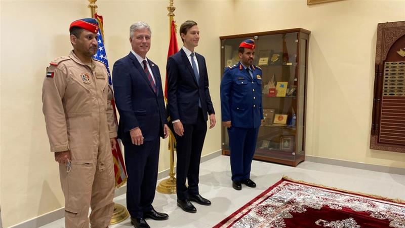 Kushner, third from left, and US National Security Advisor Robert O'Brien, centre, pose for a group photo with UAE's Major-General Falah Al Qahtani, left, at al-Dhafra airbase in Abu Dhabi (Photo: Reuters) Kushner, third from left, and US National Security Advisor Robert O'Brien, centre, pose for a group photo with UAE's Major-General Falah Al Qahtani, left, at al-Dhafra airbase in Abu Dhabi