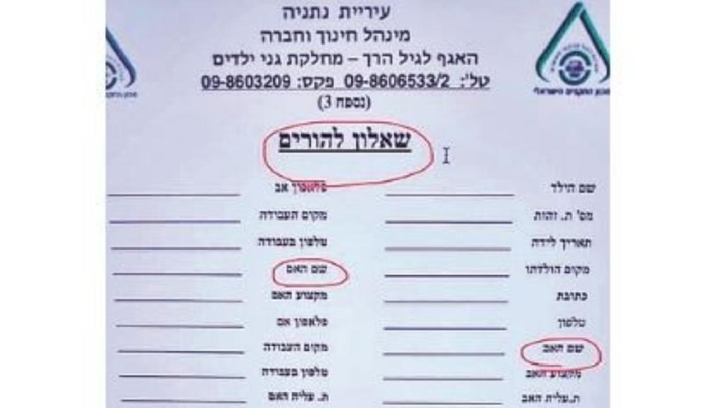 Старая анкета для записи в учебное заведение в Нетании 