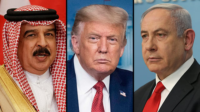 L-R: Bahrain's King Hamad bin Isa Al Khalifa, U.S. President Donald Trump and Prime Minister Benjamin Netanyahu 