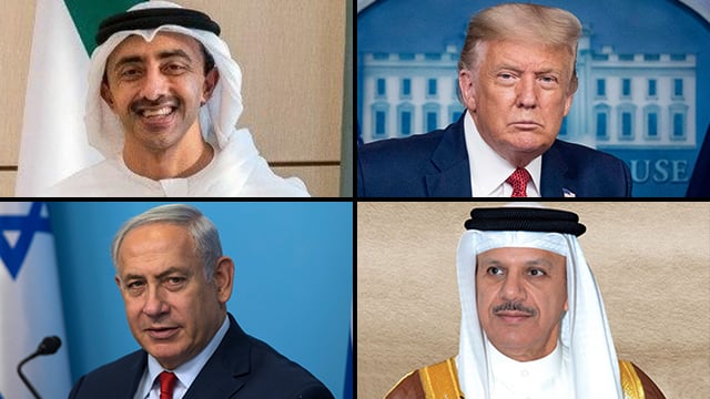 Clockwise from top left: UAE Foreign Minister Abdullah bin Zayed Al Nahyan, U.S. President Donald Trump, Bahraini FM Abdullatif bin Rashid Al Zayani and Prime Minister Benjamin Netanyahu 