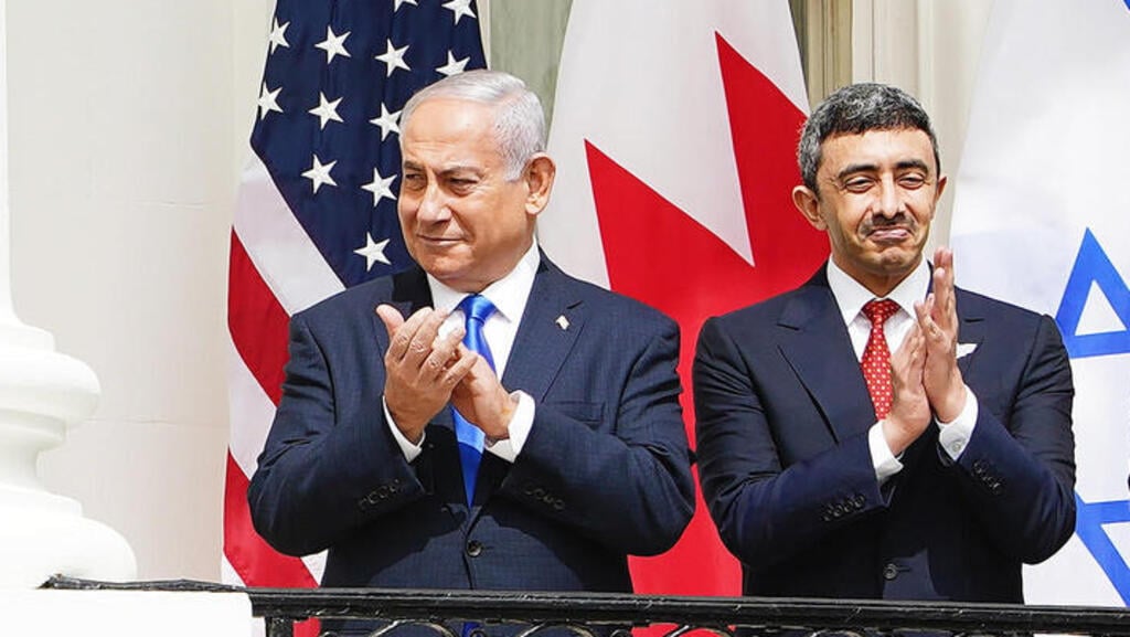 Donald Trump, Benjamin Netanyahu, Abdullah bin Zayed Al Nahyan and Khalid Bin Ahmed Al-Khalifa at the White House on Tuesday 