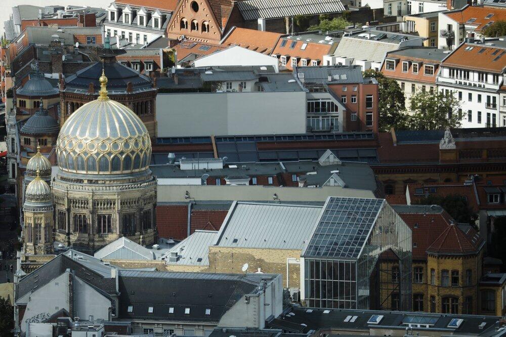 The New Synagogue, the Centrum Judicum is seen from the TV tower in Berlin , Germany 