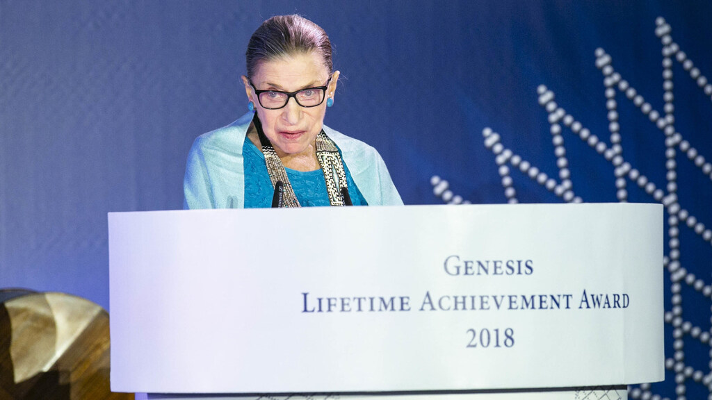 Ruth Bader Ginsburg addresses the audience at the Genesis Prize award ceremony in Jerusalem in 2018 