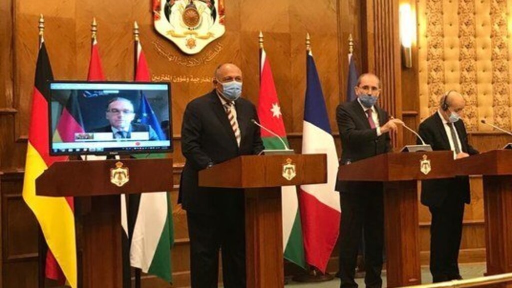 Start of the joint press conference for Foreign Ministers of #Egypt, #Jordan and #France, with the participation of the FM of #Germany via video conference 