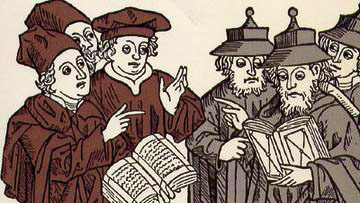  יוהאן פון ארמסשהיים, 1483. חיתוך בעץ ויכוח בין מלומדים נוצרים לבין יהודים (ימין)
