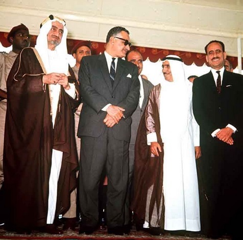 (L-R) Saudi Arabia's King Faisal, Egyptian President Gamal Abdel Nassar, Emir of Kuwait Sabah Al-Ahmad Al-Jaber Al-Sabah and Yemenite President Abdullah al-Sallal during the 1967 Khartoum Conference  