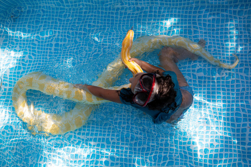 Eight-year-old Inbar Regev holds her pet python while swimming in her backyard pool in Ge'a, southern Israel October 7, 2020