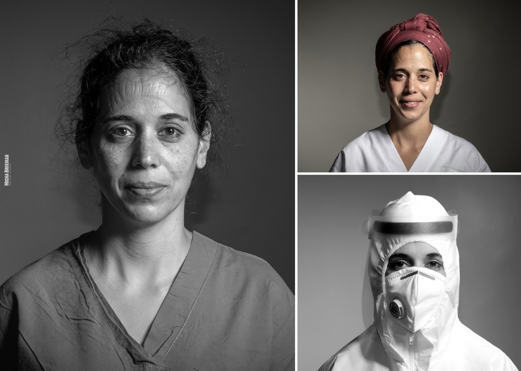 Aya Eshel, head nurse of Bnai Zion Medical Center’s coronavirus ward,  immediately after a shift (left); before a shift (top right); before entering the ward (lower right) 