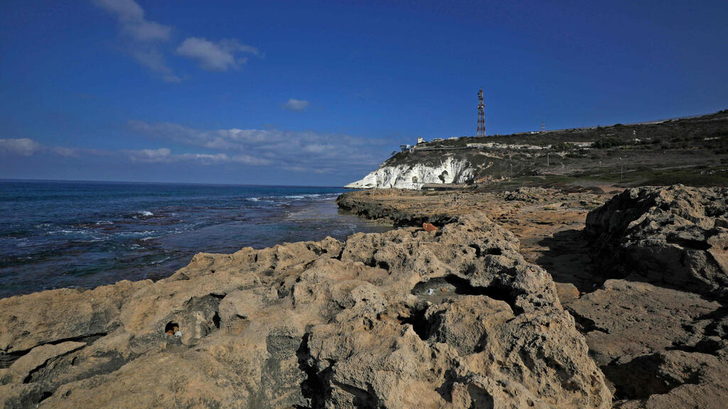 A picture taken on October 12, 2020, shows the Rosh HaNikra beach, near the border with Lebanon (background). On October 1, Lebanon and Israel