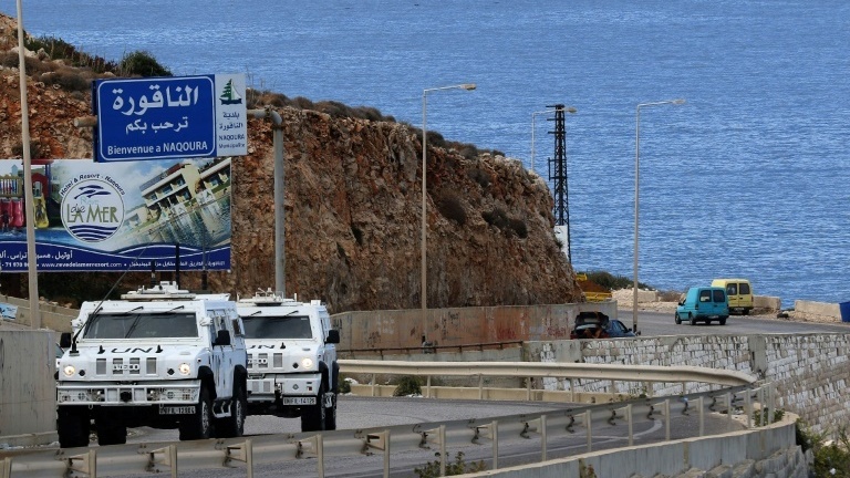 UN peacekeepers patrol the coast road near Naqura, the last town in Lebanon before the border with Israel 