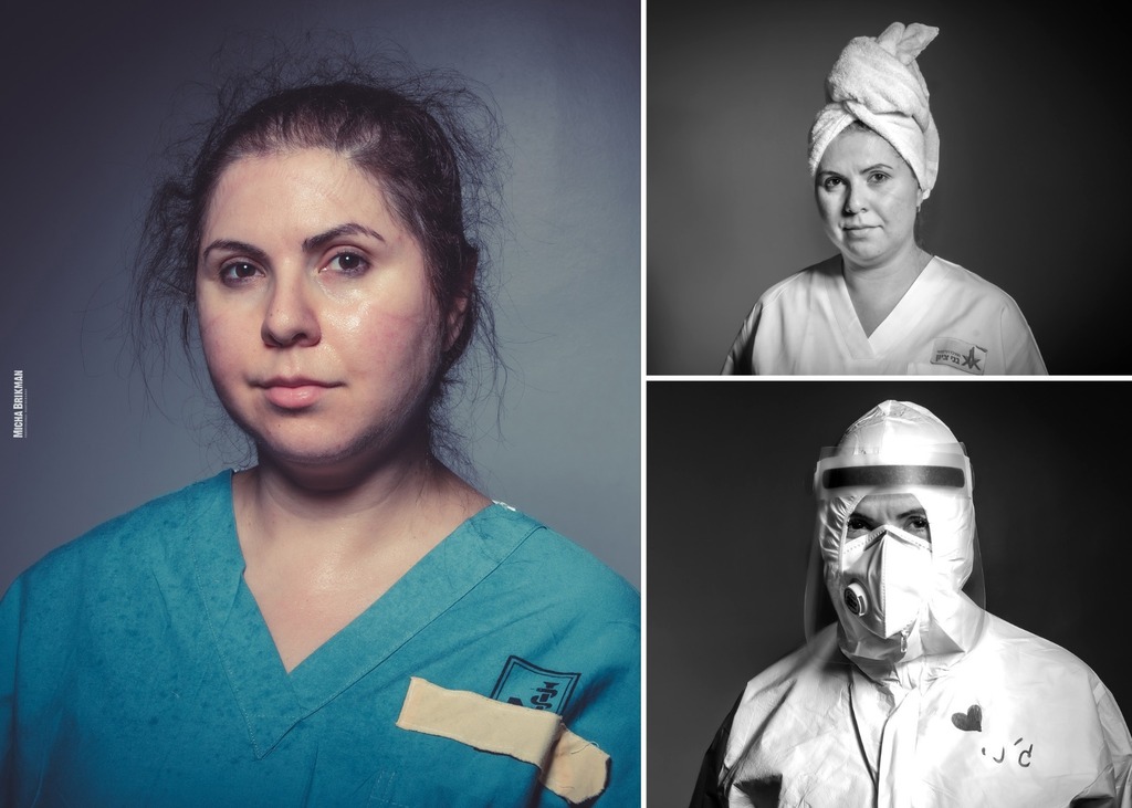 A nurse in Bnai Zion Medical Center’s coronavirus ward after a shift (left); post-shower and decontamination after a shift (top right); before entering the ward (lower right) 