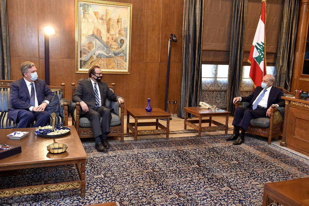 Lebanon's Parliament Speaker Nabih Berri (R) meets with U.S. envoy David Schenker (C) and U.S. ambassador to Algeria John Desrocher (L) in Beirut on October 15, 2020