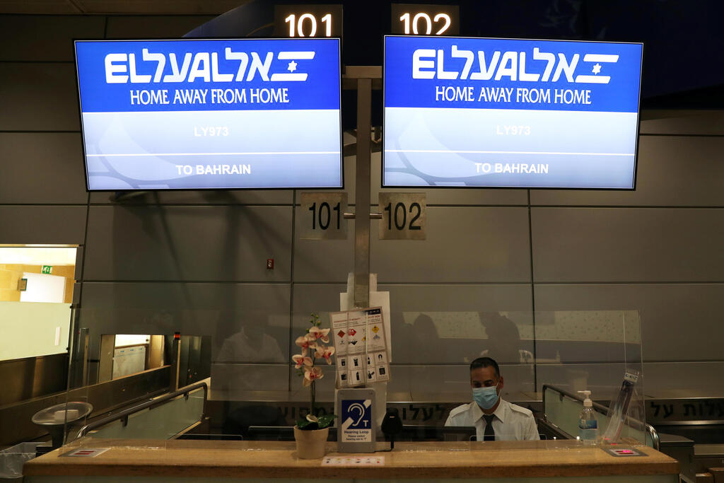 Israel's Ben Gurion Airport near Tel Aviv, shows screens displaying the flight number for the El Al flight to Bahrain's capital Manama ahead of the visit of Israeli officials to the Gulf country