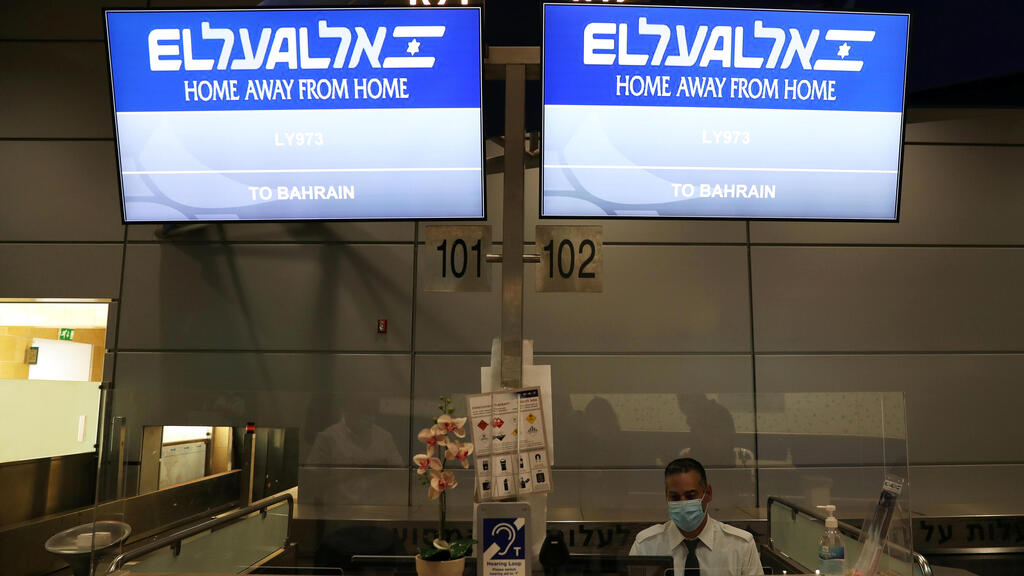 Israel's Ben Gurion Airport near Tel Aviv, shows screens displaying the flight number for the El Al flight to Bahrain's capital Manama ahead of the visit of Israeli officials to the Gulf country