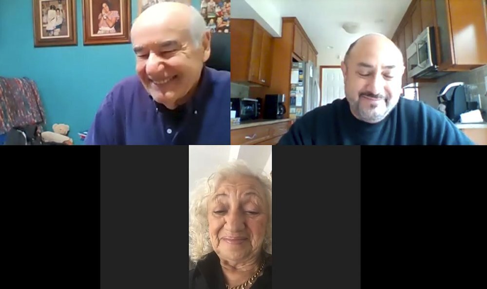 In this photo taken from video provided by Ruth Brandspiegel, Israel "Sasha" Eisenberg, left, Ruth Brandspiegel, bottom, and her son Larry Brandspiegel, right, tell stories of their time in a post-World War II displaced persons camp and rejoice in their recent reunion in East Brunswick, N.J. 