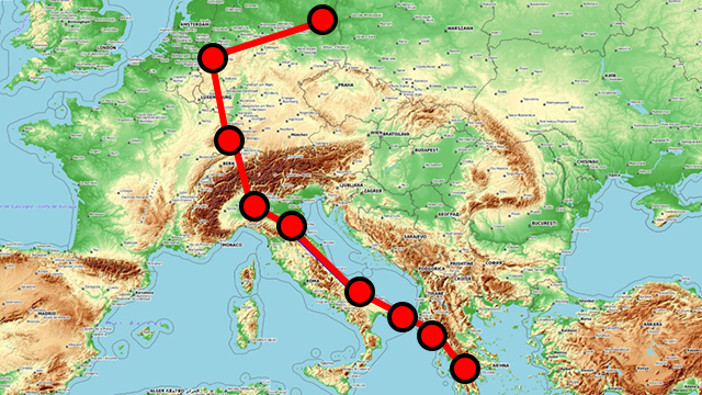 מפה של מסע יבשתי באירופה