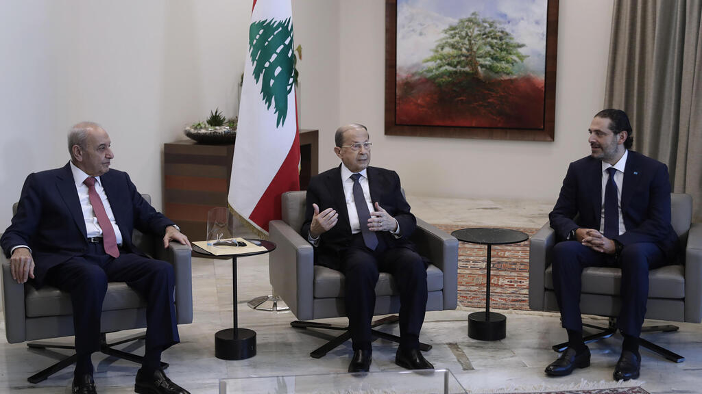  Lebanese President Michel Aoun (C) during his meeting with Lebanese parliament speakers Nabih berri (L)and lebanese Prime Minister-designate Saad Hariri (R)
