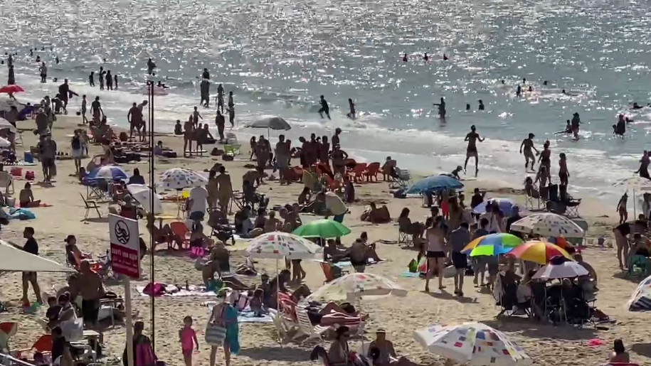 הרבה רוחצים בחוף הים בתל אביב