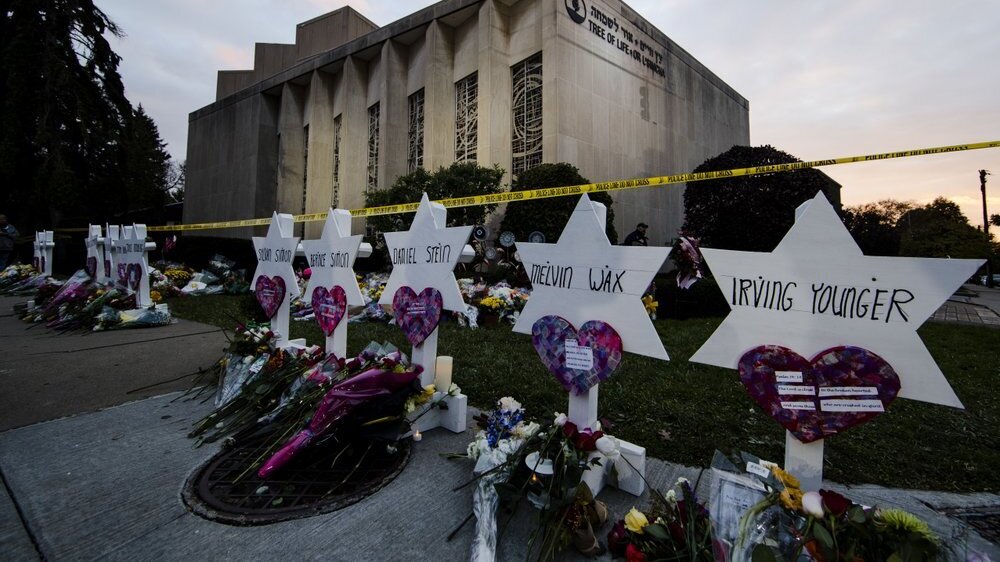 a makeshift memorial stands outside the Tree of Life Synagogue in the aftermath of a deadly shooting at the in Pittsburgh 