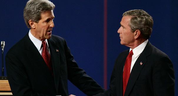 Then-Democratic Senator John Kerry and former U.S. President Geroge W. Bush during the presidental debate 