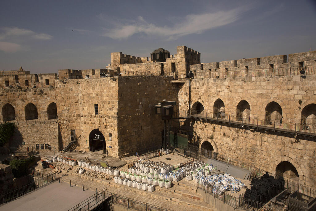 Construction material is ready for use inside the Tower of David Museum in the Old City of Jerusalem, Oct. 28, 2020 