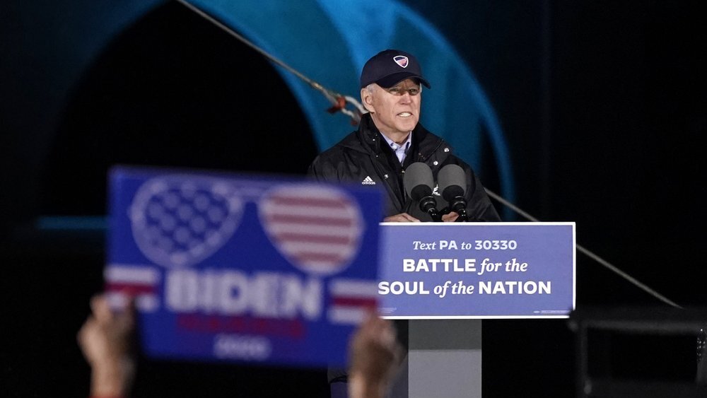 Democratic presidential candidate former Vice President Joe Biden speaks at a drive-in rally at Franklin Delano Roosevelt Park, Sunday, Nov. 1, 2020, in Philadelphia 