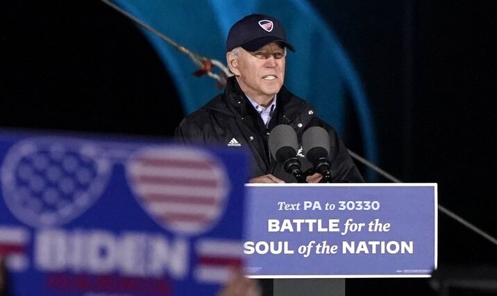 Democratic presidential candidate former Vice President Joe Biden speaks at a drive-in rally at Franklin Delano Roosevelt Park, Sunday, Nov. 1, 2020, in Philadelphia 