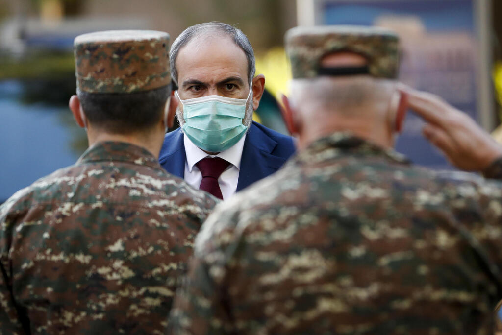Armenian Prime Minister Nikol Pashinyan arrives to visit a military hospital in Yerevan, Armenia